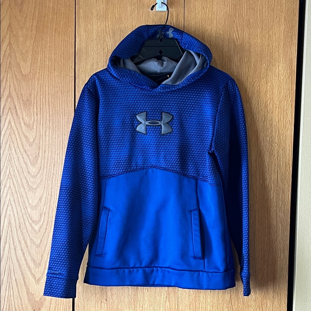 Under Armour Storm 1 Boy’s Large Royal Blue Gray Logo Hoodie Fleece Backed VGUC